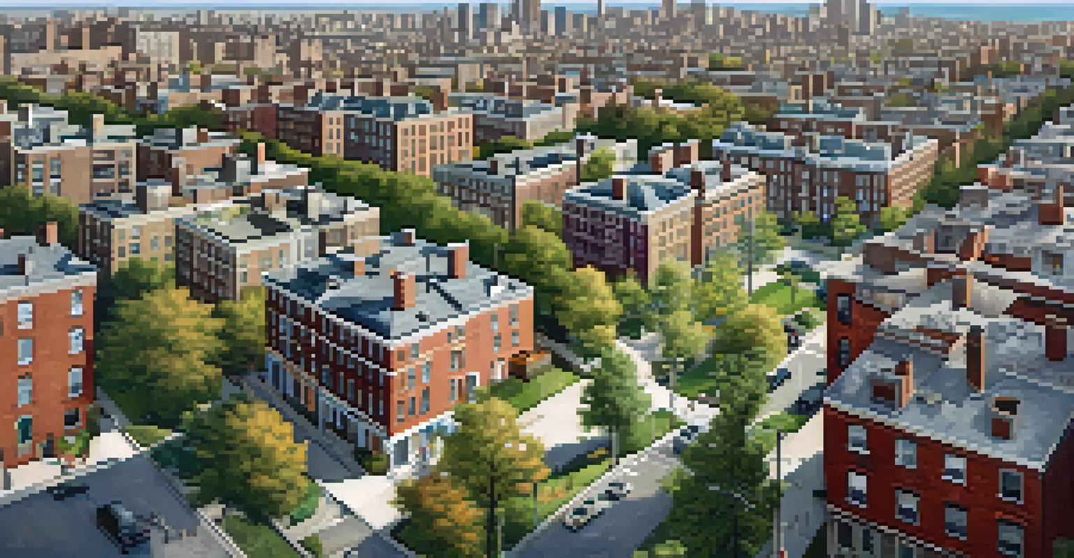 Aerial view of a NYC neighborhood featuring a mix of residential buildings and short-term rentals, highlighting urban parks and community spaces.