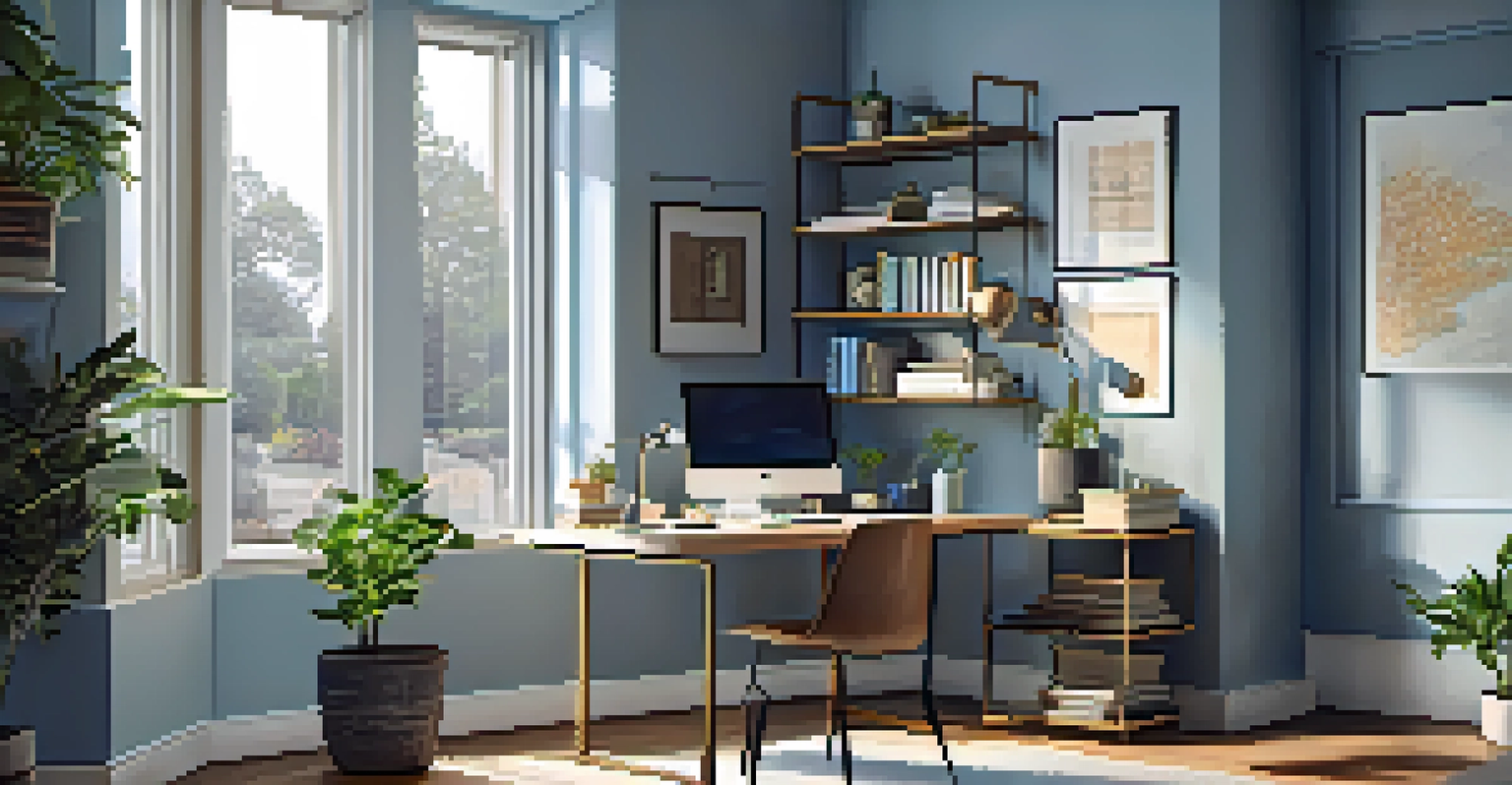 A modern home office with large windows, stylish desk, and artistic decor, creating a bright and inviting workspace.