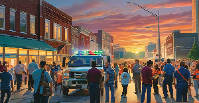 A sunset city scene with people participating in an emergency preparedness drill alongside first responders.