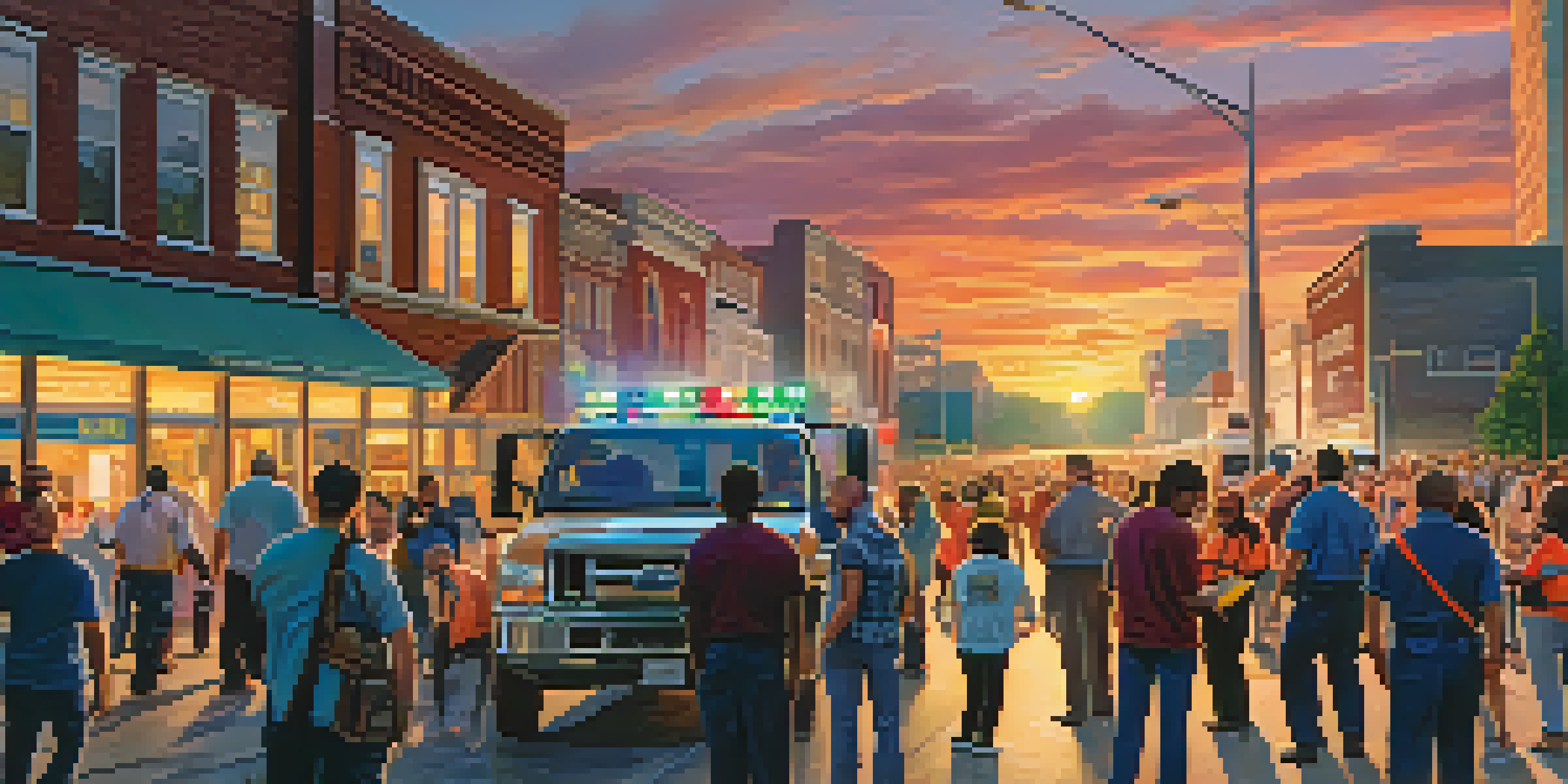 A sunset city scene with people participating in an emergency preparedness drill alongside first responders.