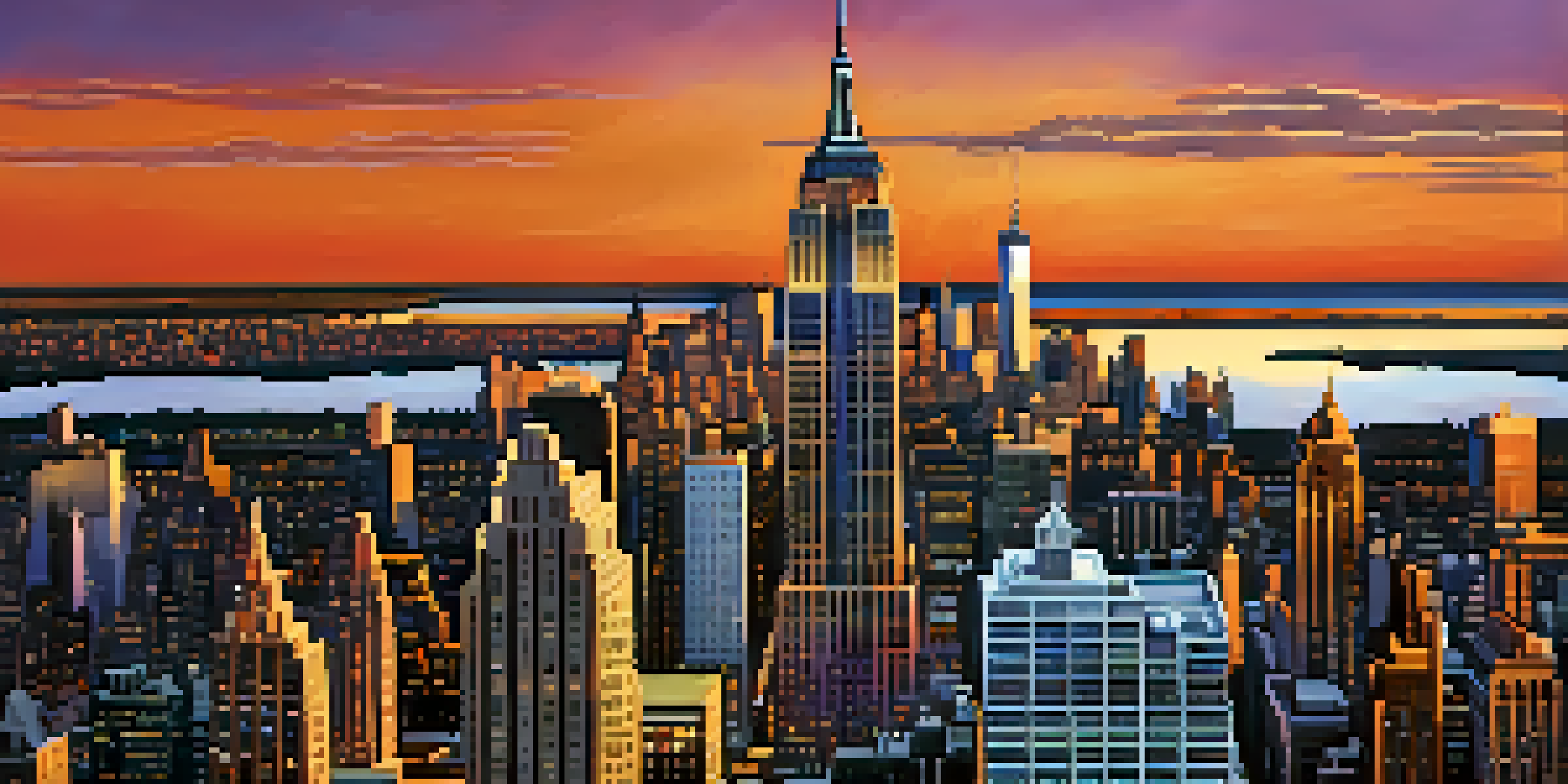 A sunset view of the Empire State Building, showcasing its Art Deco architecture and vibrant sky with bustling streets below.