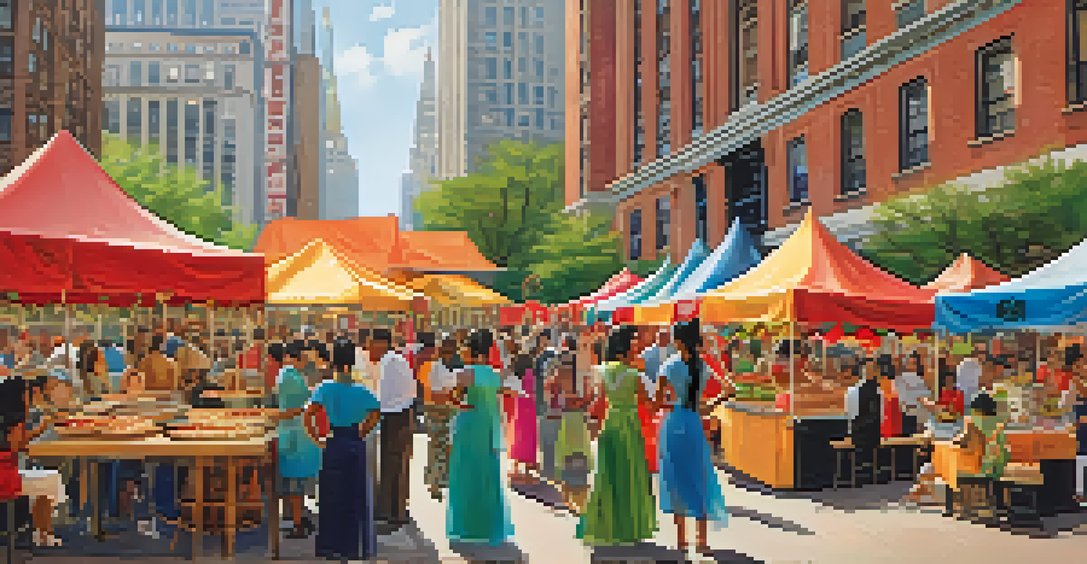 An outdoor cultural event at a New York library, featuring food stalls and a stage, with diverse attendees enjoying the festivities.