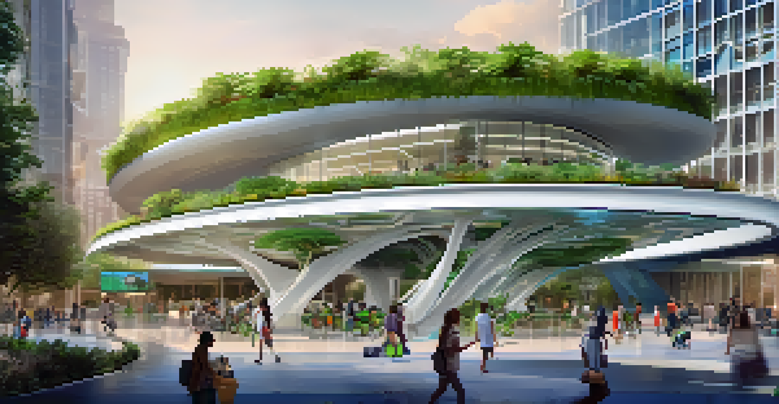 A modern transit hub showcasing integration of bikes and scooters, with green roofs and solar panels. The area is lively with people and surrounded by greenery, emphasizing sustainability.