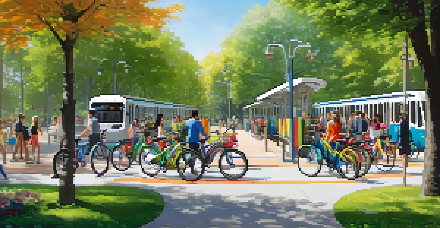 A bike-sharing station in a park with colorful bikes and people enjoying the outdoors, alongside a passing light rail train.