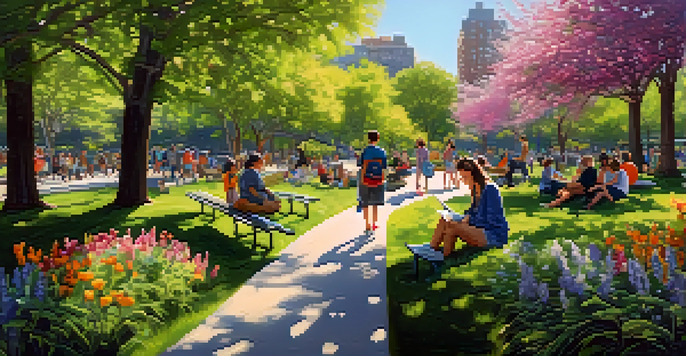 A lively urban park in New York City showcasing blooming flowers and people enjoying various activities in the spring sunshine.