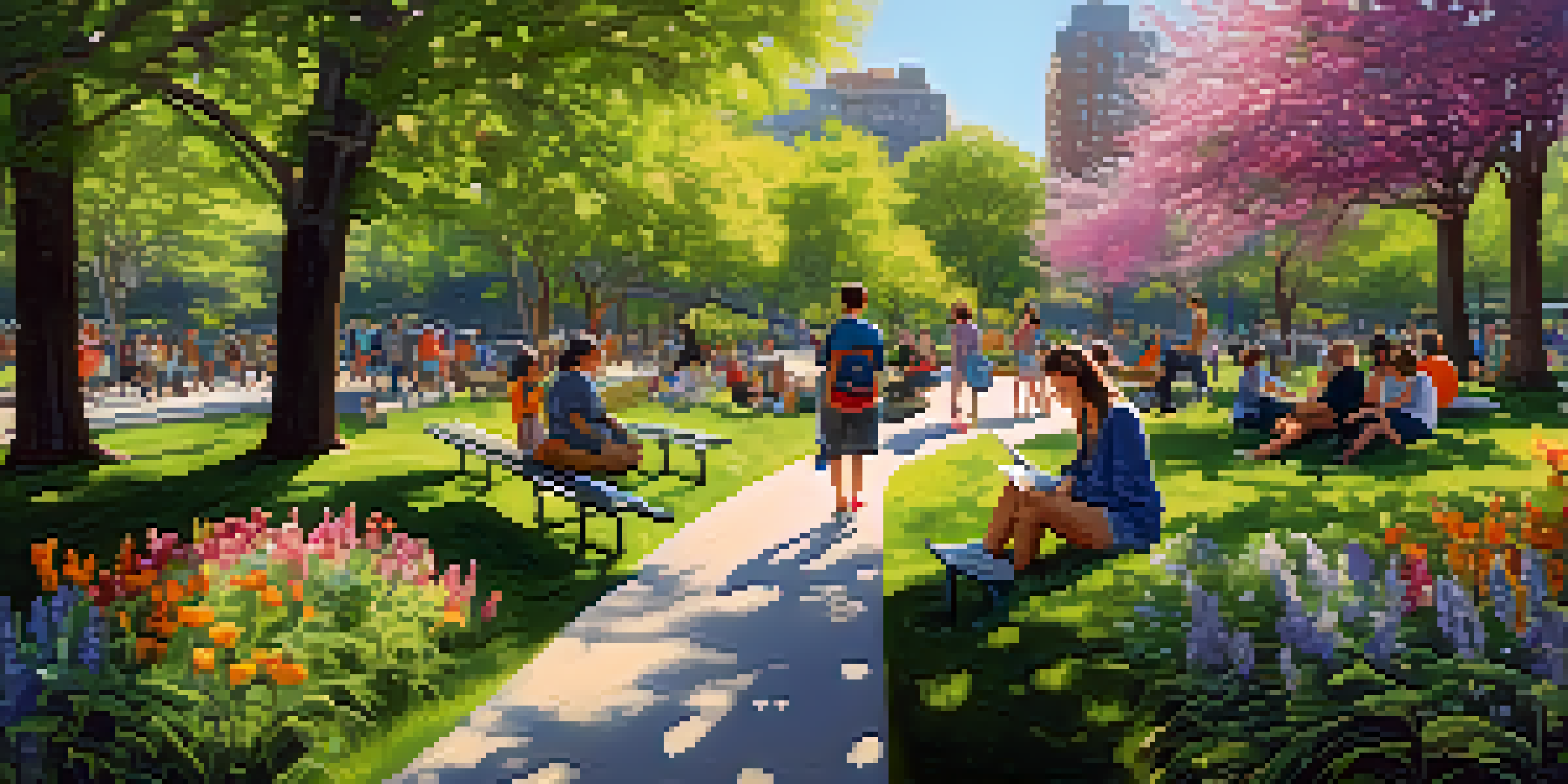 A lively urban park in New York City showcasing blooming flowers and people enjoying various activities in the spring sunshine.