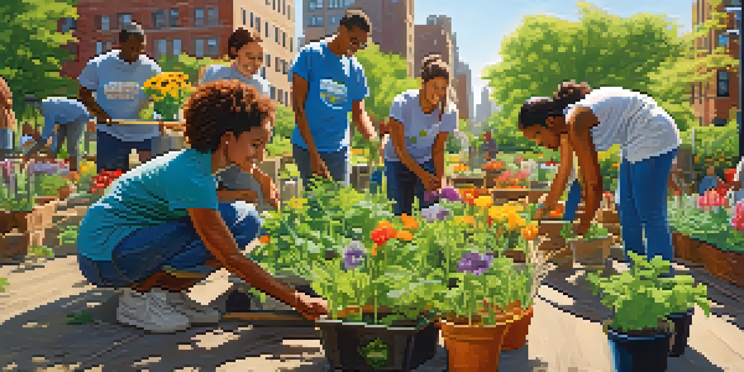 A diverse group of volunteers planting in a community garden in NYC, showcasing vibrant flowers and greenery under a bright blue sky.
