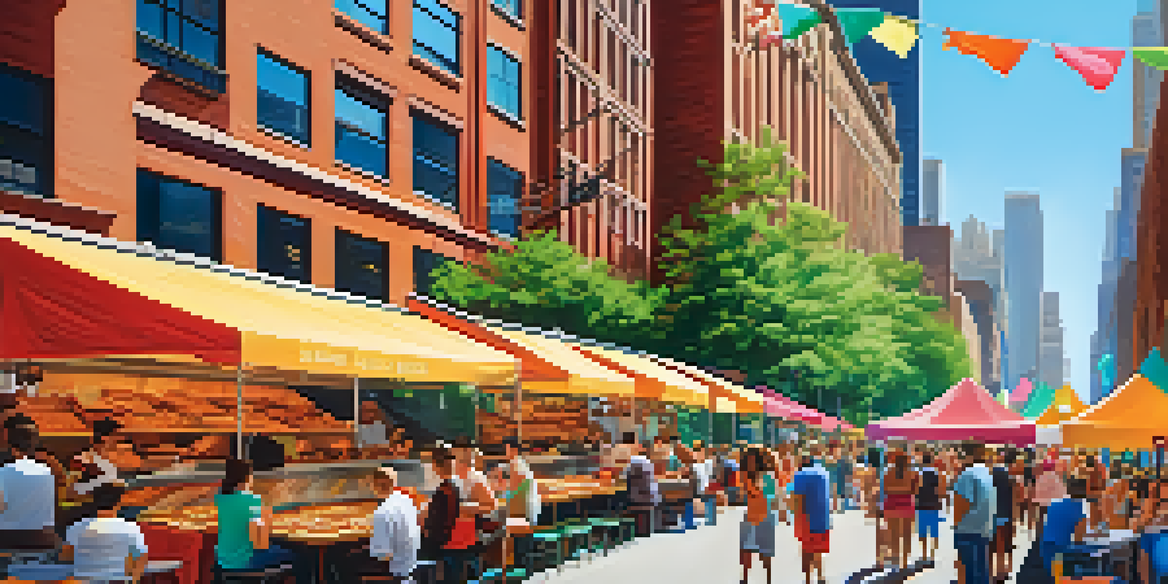 A bustling street food festival in NYC with diverse stalls and people enjoying food under a clear blue sky.