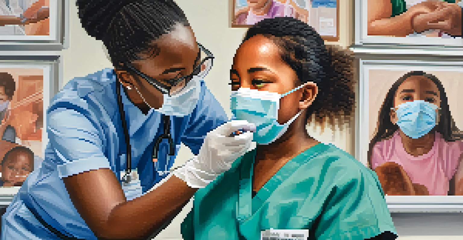 A healthcare worker giving a vaccine to a child in a community clinic, with health education posters in the background.