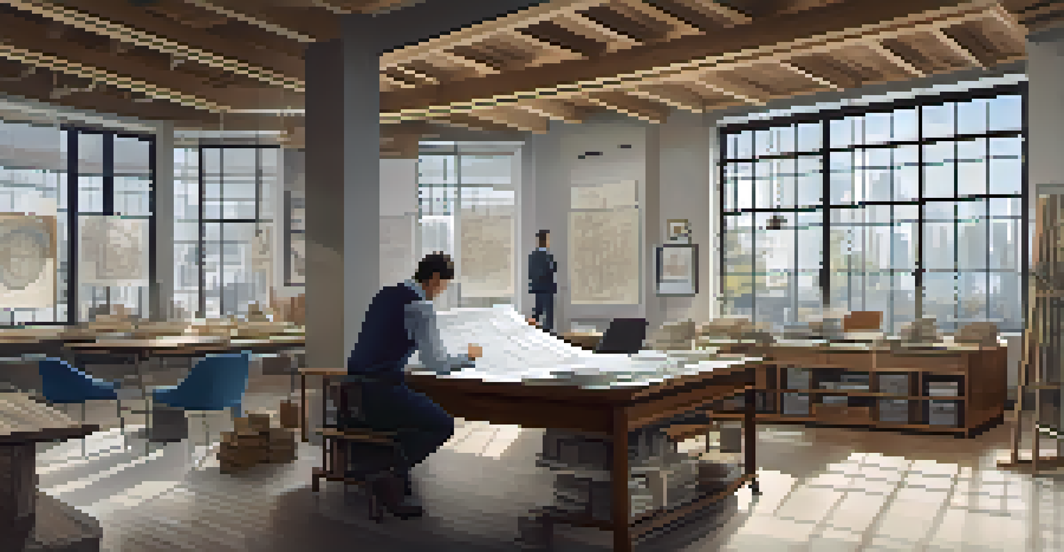 An architect reviewing blueprints in an office filled with architectural designs and models.
