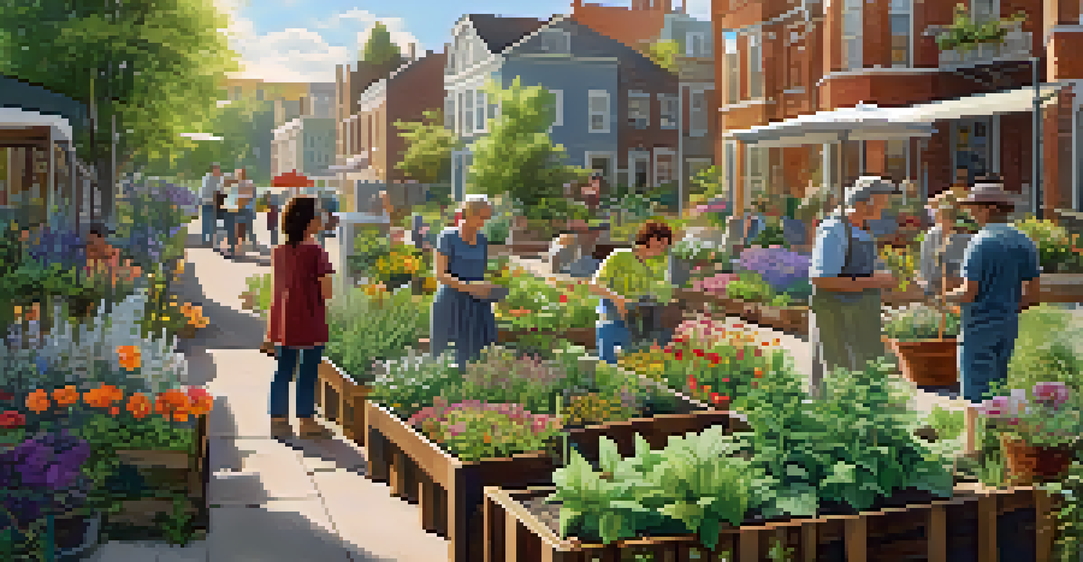 A community garden in an urban area with people gardening, surrounded by colorful plants and flowers.