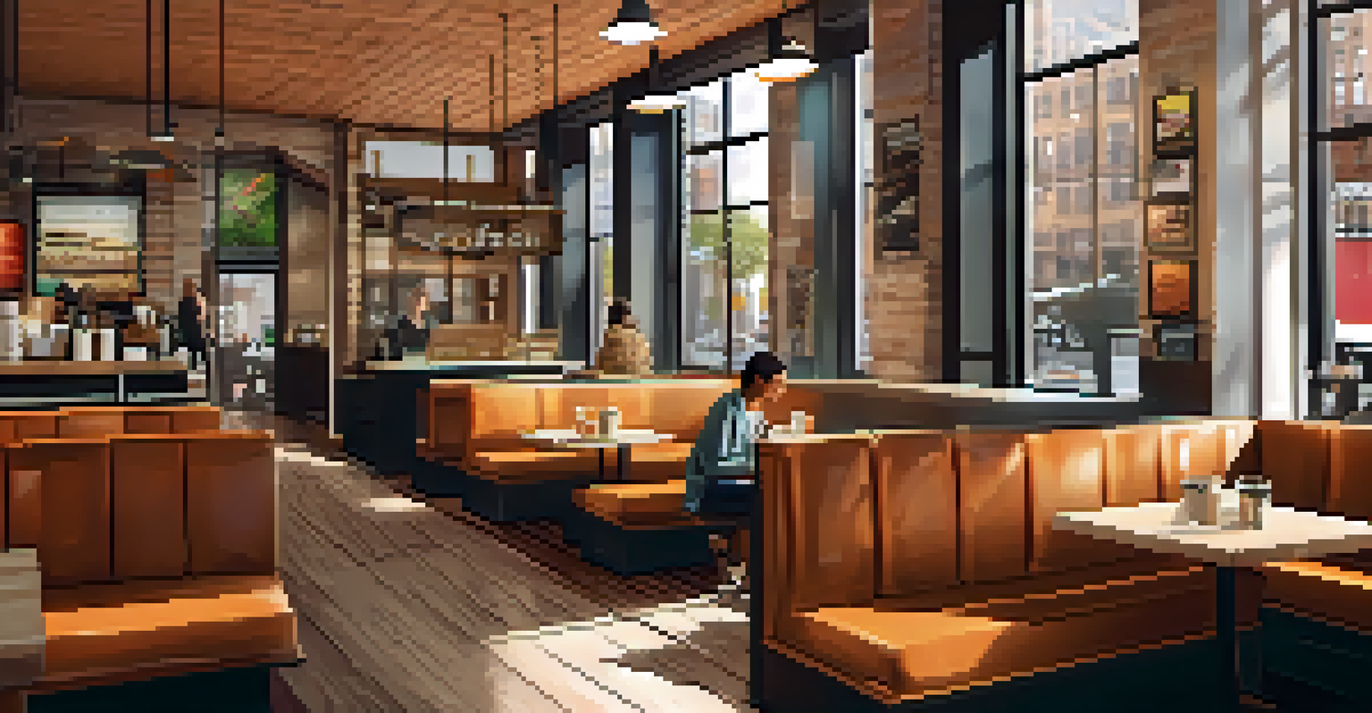 A cozy coffee shop in NYC with patrons using smartphones and a digital screen showing a coffee promotion.