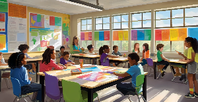 A vibrant classroom scene showing diverse students working together with a teacher, highlighting inclusivity and collaboration.