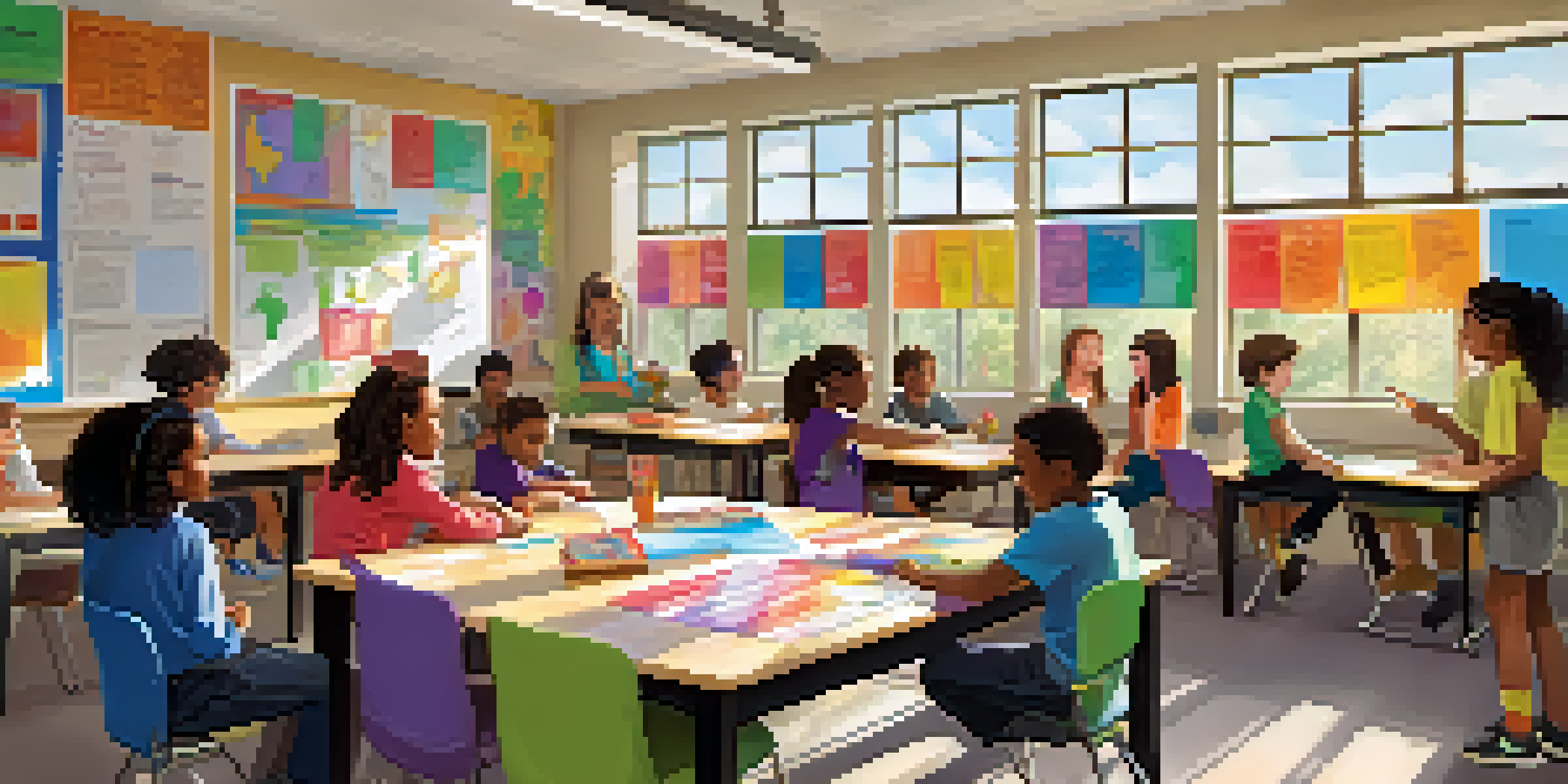 A vibrant classroom scene showing diverse students working together with a teacher, highlighting inclusivity and collaboration.