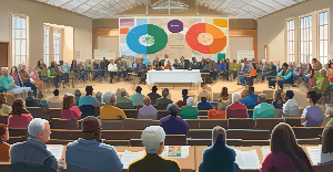 A diverse group of residents participating in a town hall meeting, discussing local issues in a warmly lit room with colorful banners.