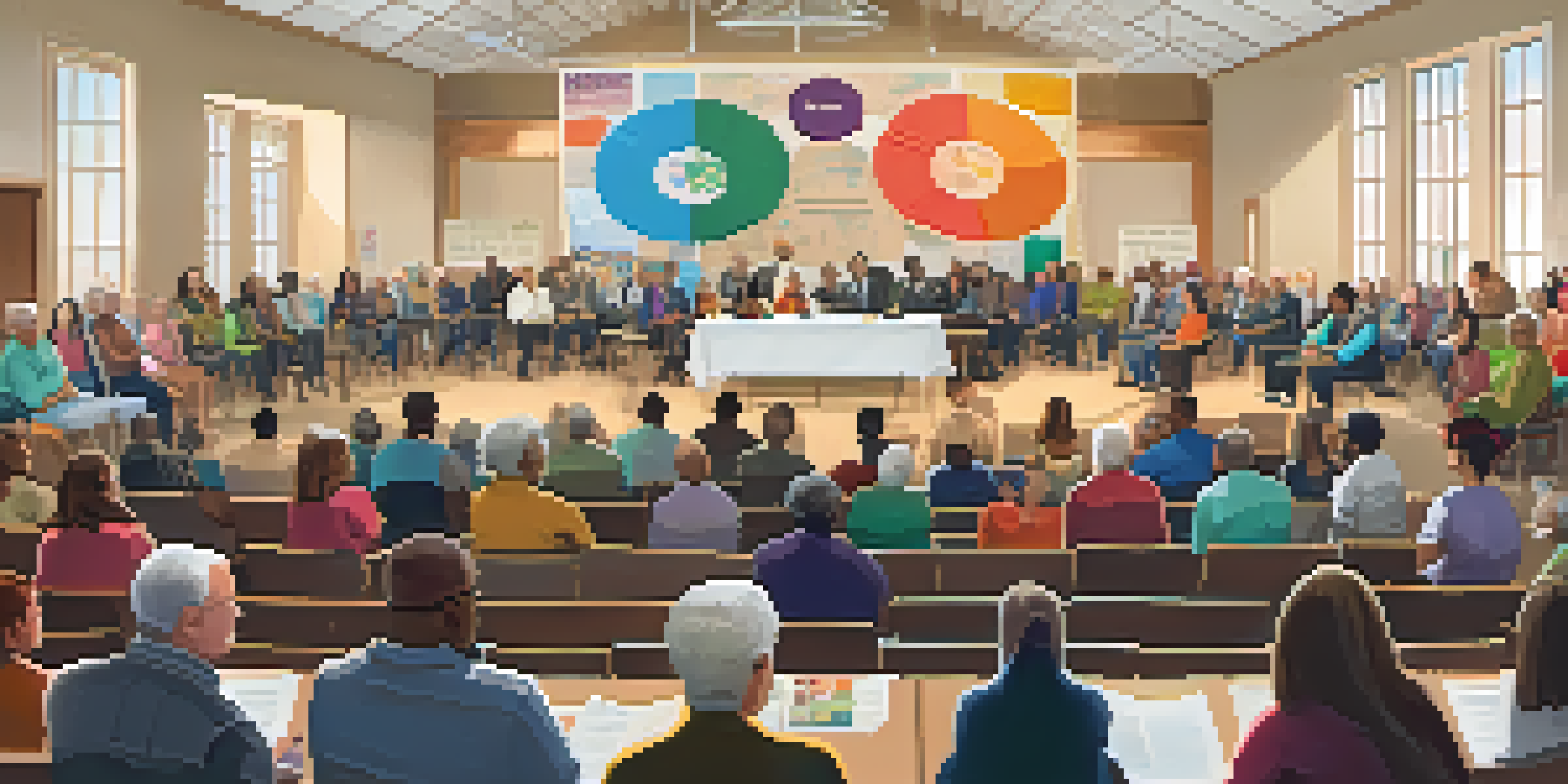 A diverse group of residents participating in a town hall meeting, discussing local issues in a warmly lit room with colorful banners.