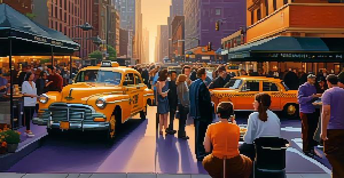 A lively New York City street at sunset, showcasing pedestrians, yellow taxis, and skyscrapers under a colorful sky.