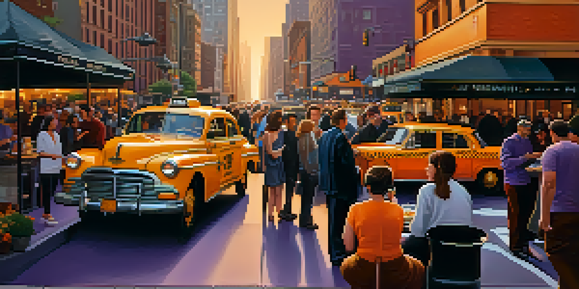 A lively New York City street at sunset, showcasing pedestrians, yellow taxis, and skyscrapers under a colorful sky.
