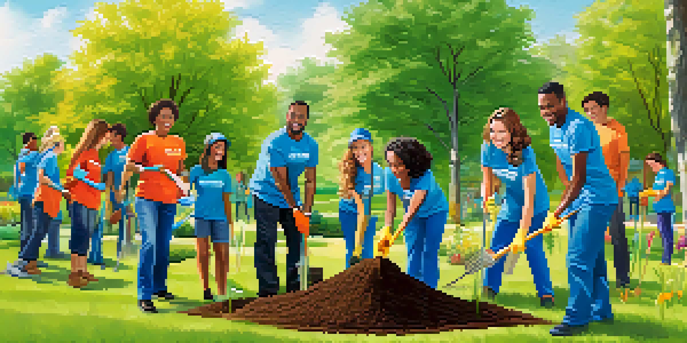 A group of diverse corporate employees planting trees in a park, smiling and working together, surrounded by greenery and flowers.