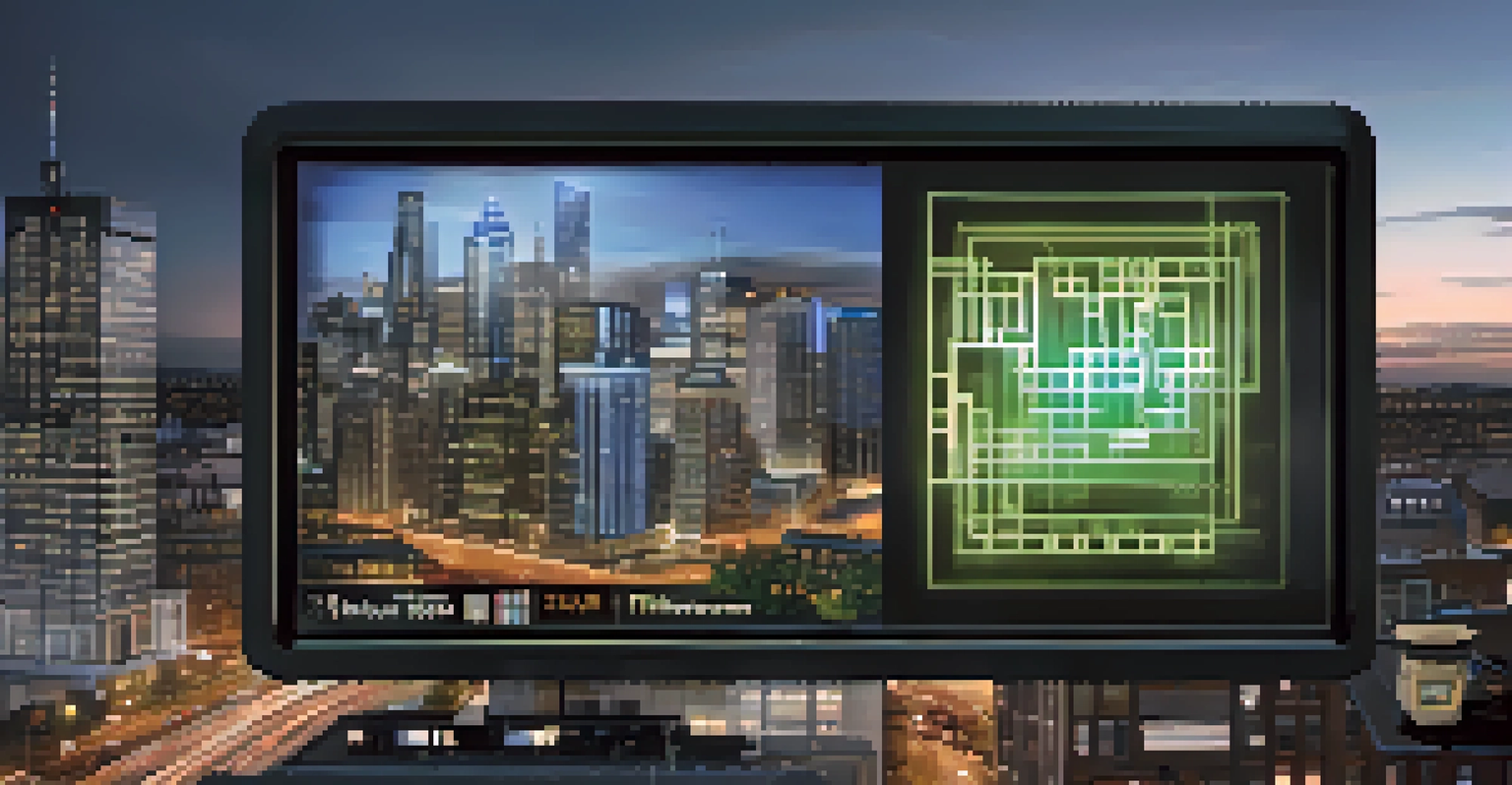 Close-up of a smart sensor on a building displaying real-time environmental data with a city skyline in the background.