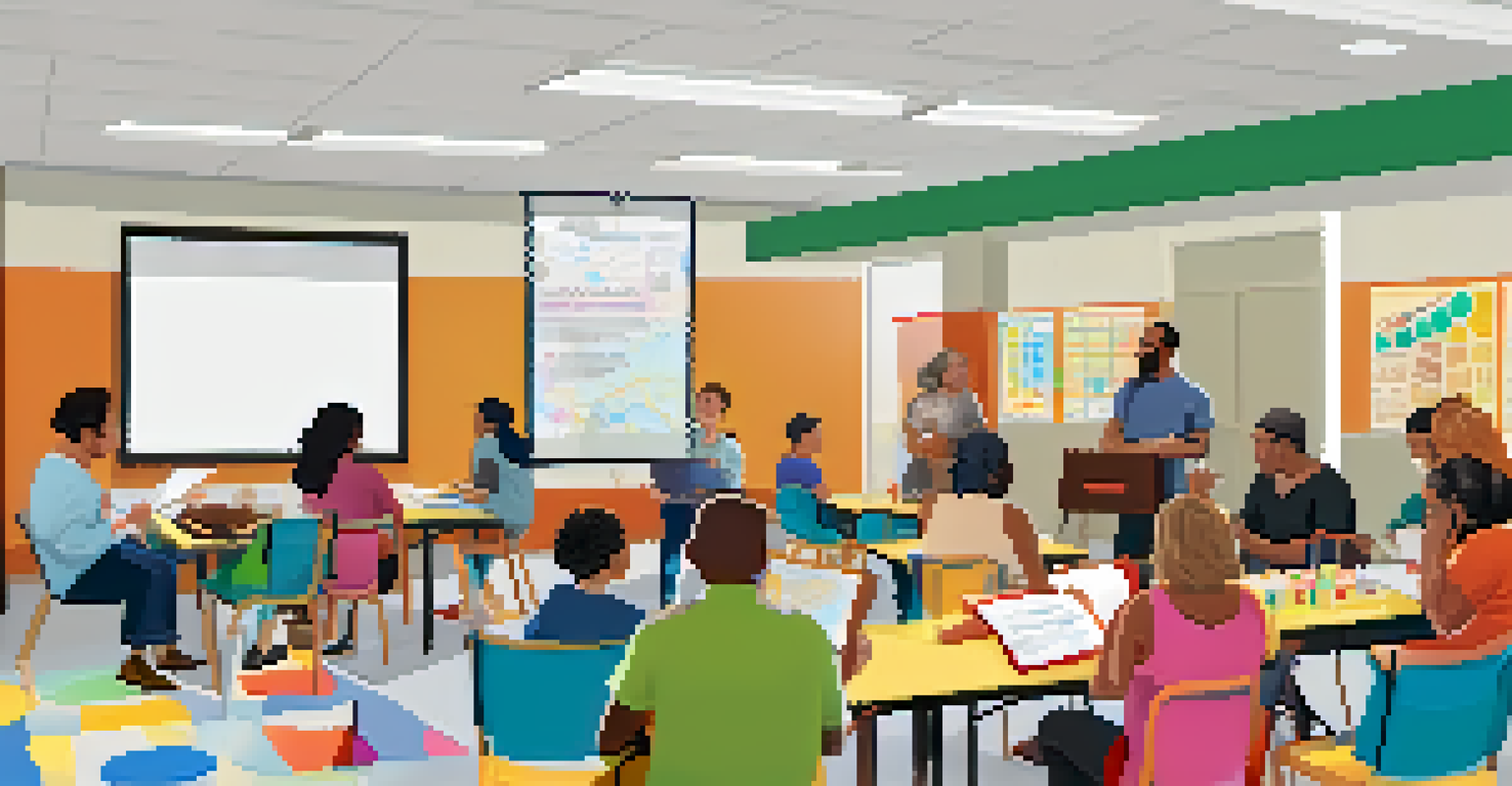 A community workshop for parents discussing childcare options with resources displayed on tables and a projector screen.