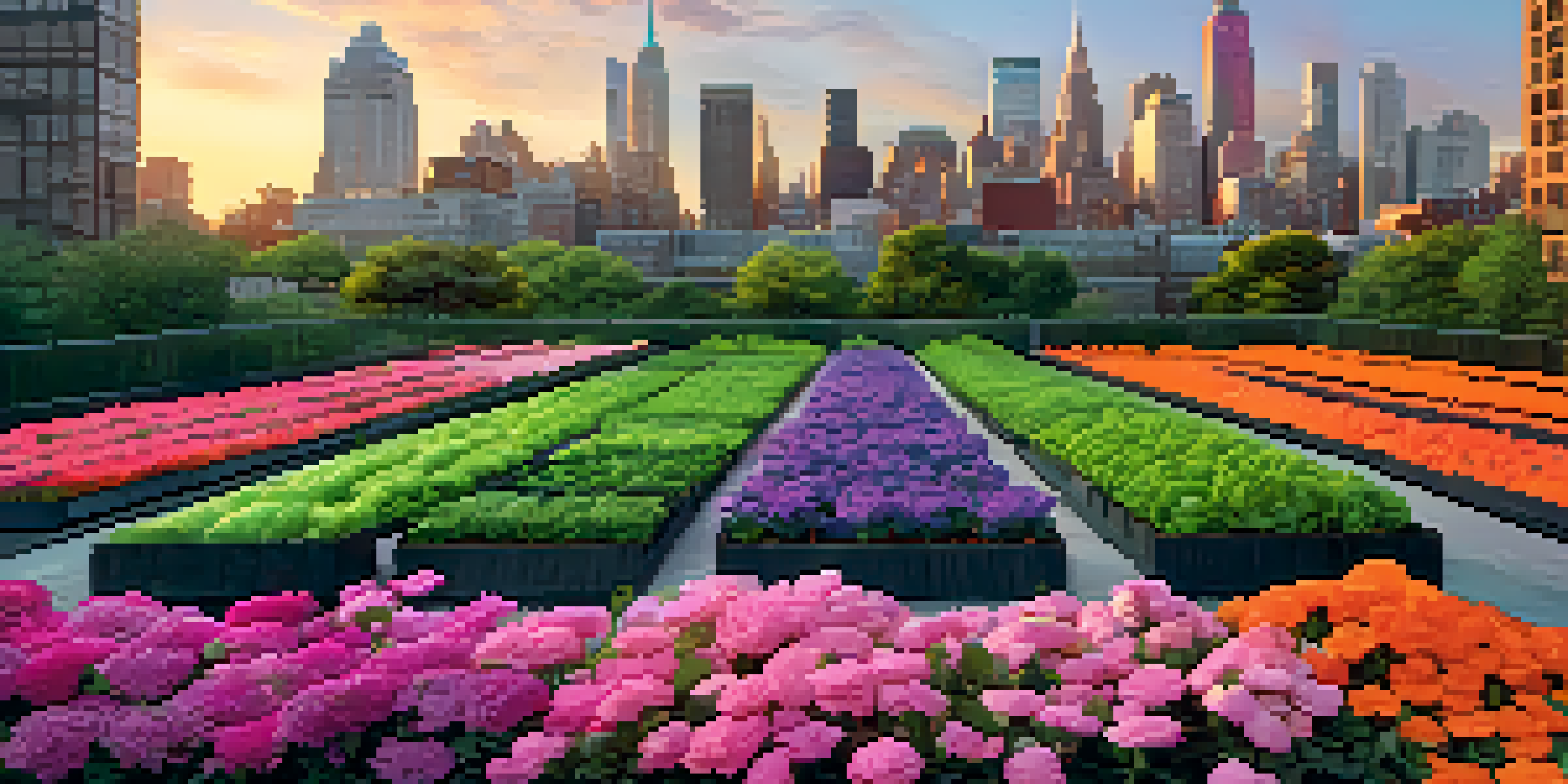 A sunset view of the New York City skyline featuring modern skyscrapers and historic buildings, with green rooftops and a flourishing community garden in the foreground.