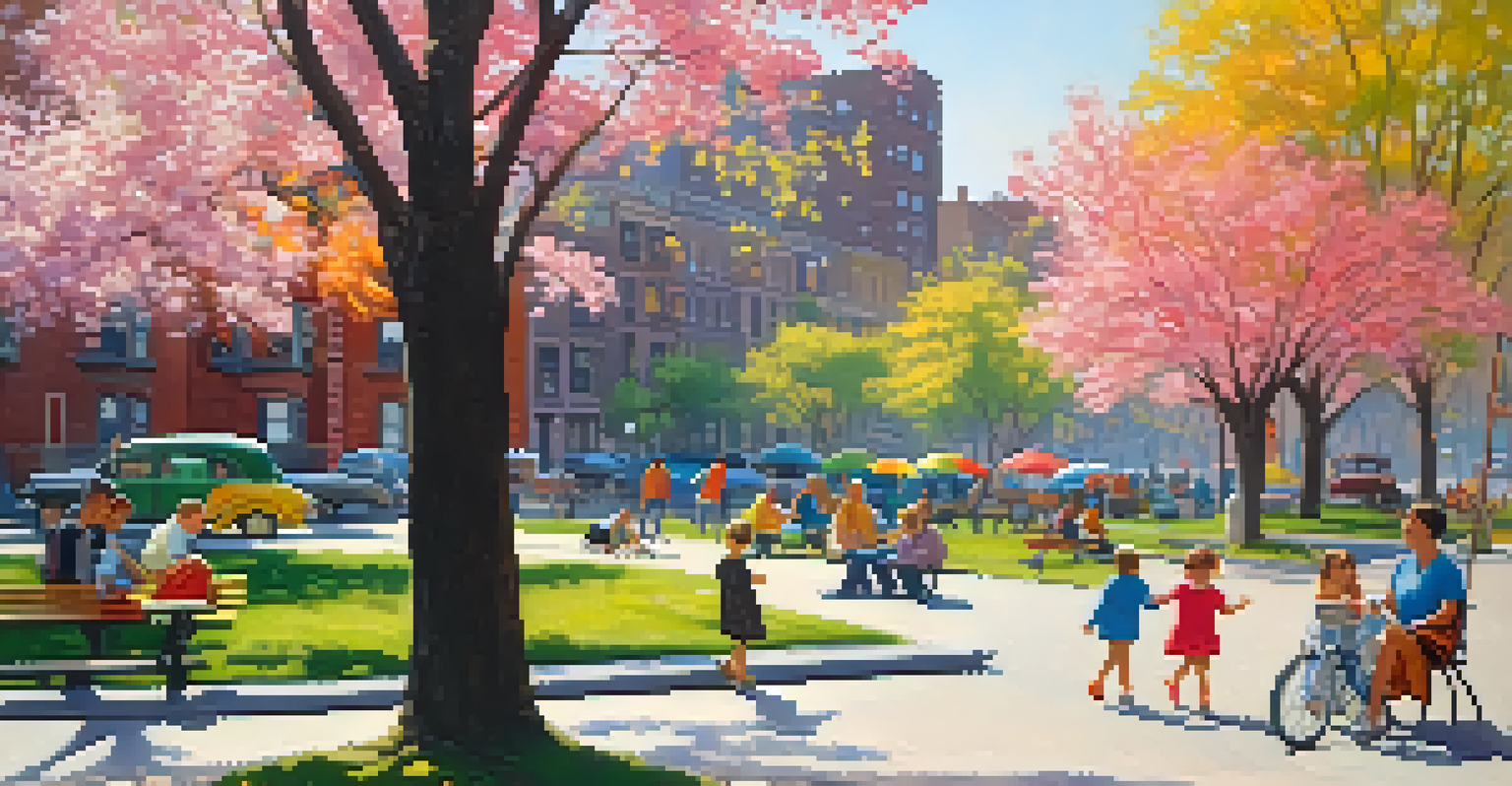 A 1950s New York City neighborhood scene with families enjoying a sunny day in a park, children flying a kite, and iconic buildings in the background.