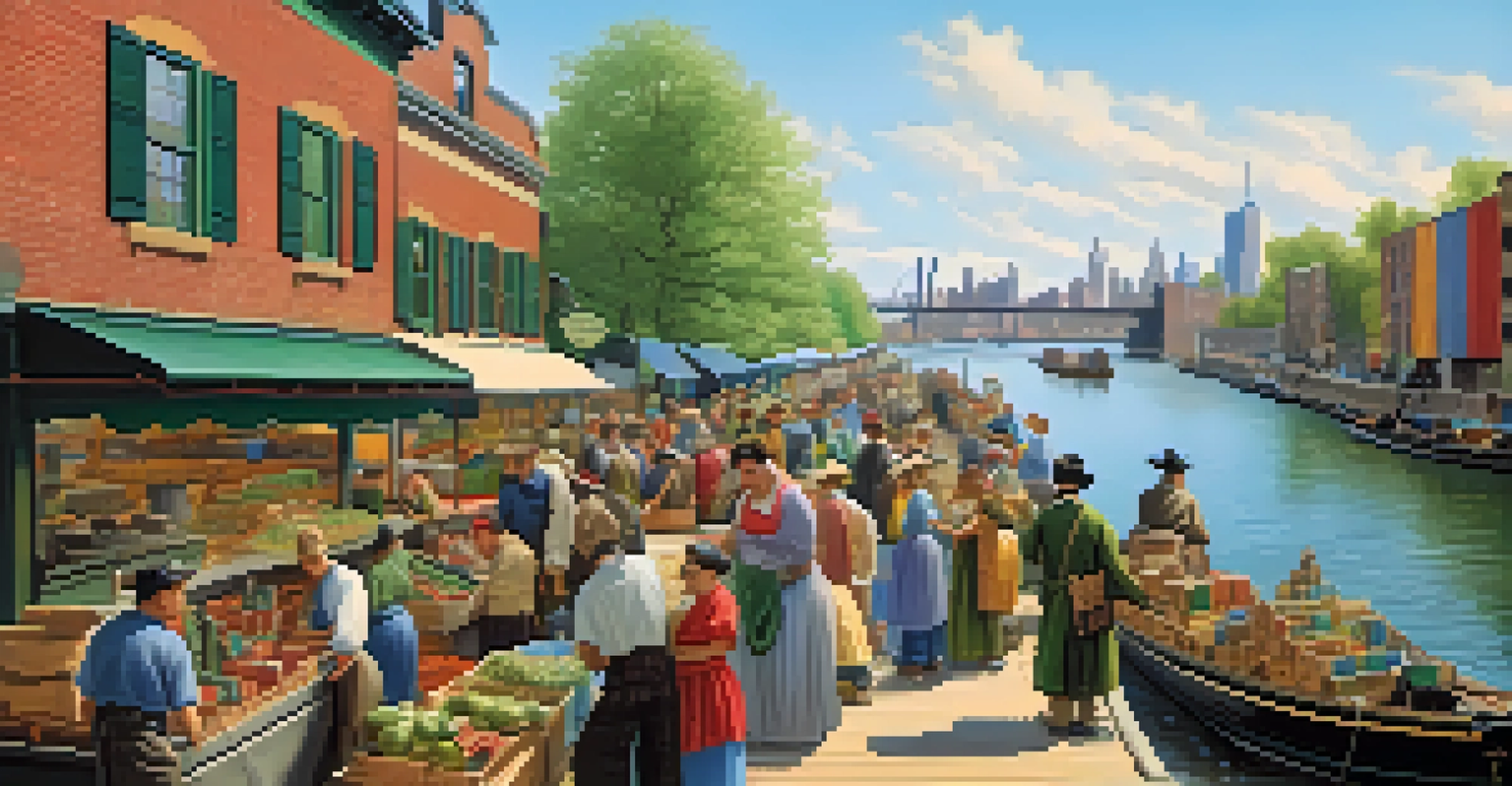A lively depiction of the Erie Canal as a trade route with colorful boats and merchants.