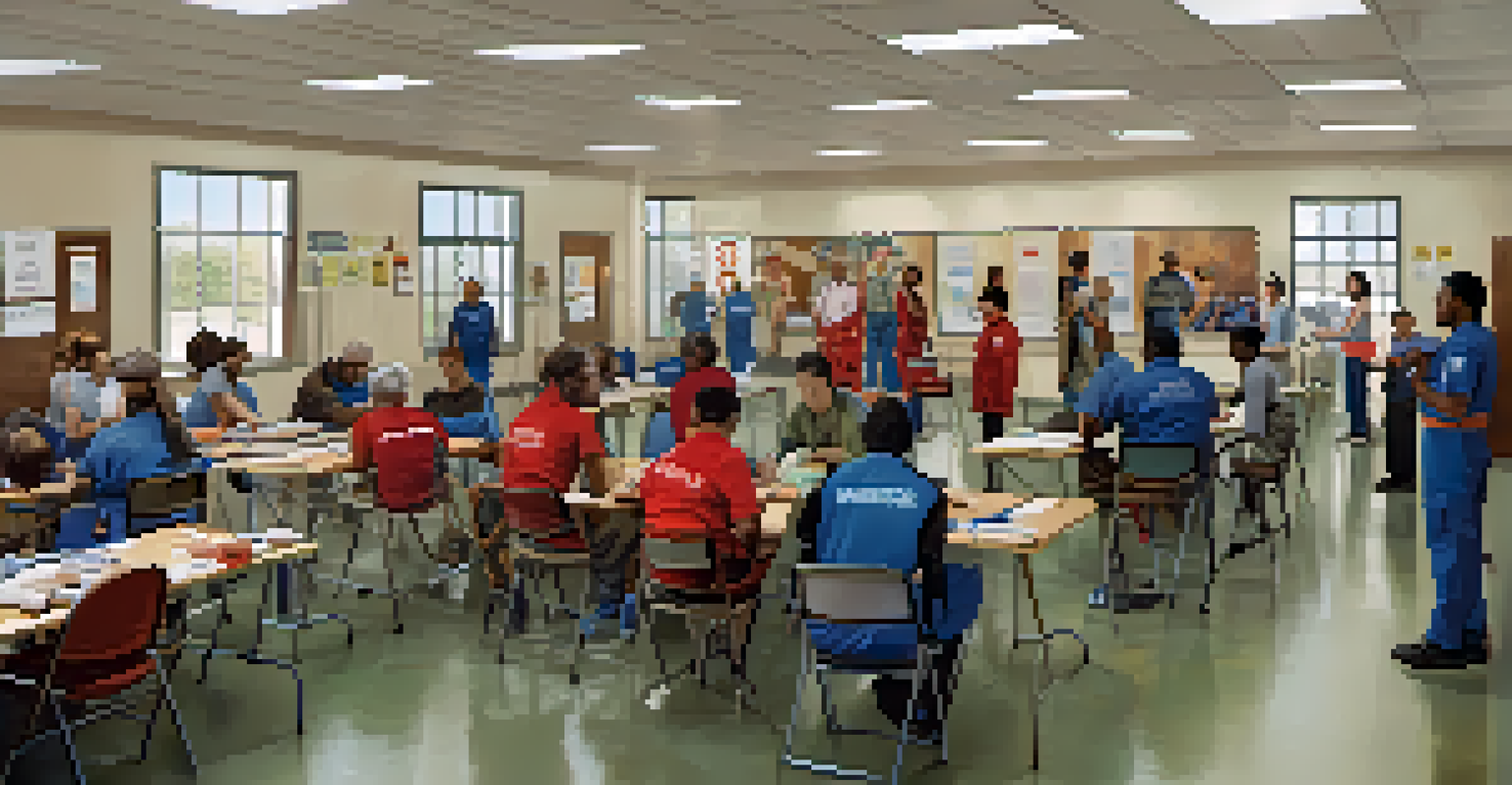 Residents engaged in a hands-on emergency preparedness workshop at a community center, practicing first aid techniques.