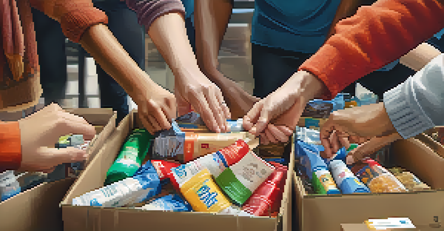 Hands of diverse volunteers assembling care packages for the homeless, showcasing collaboration and community spirit.
