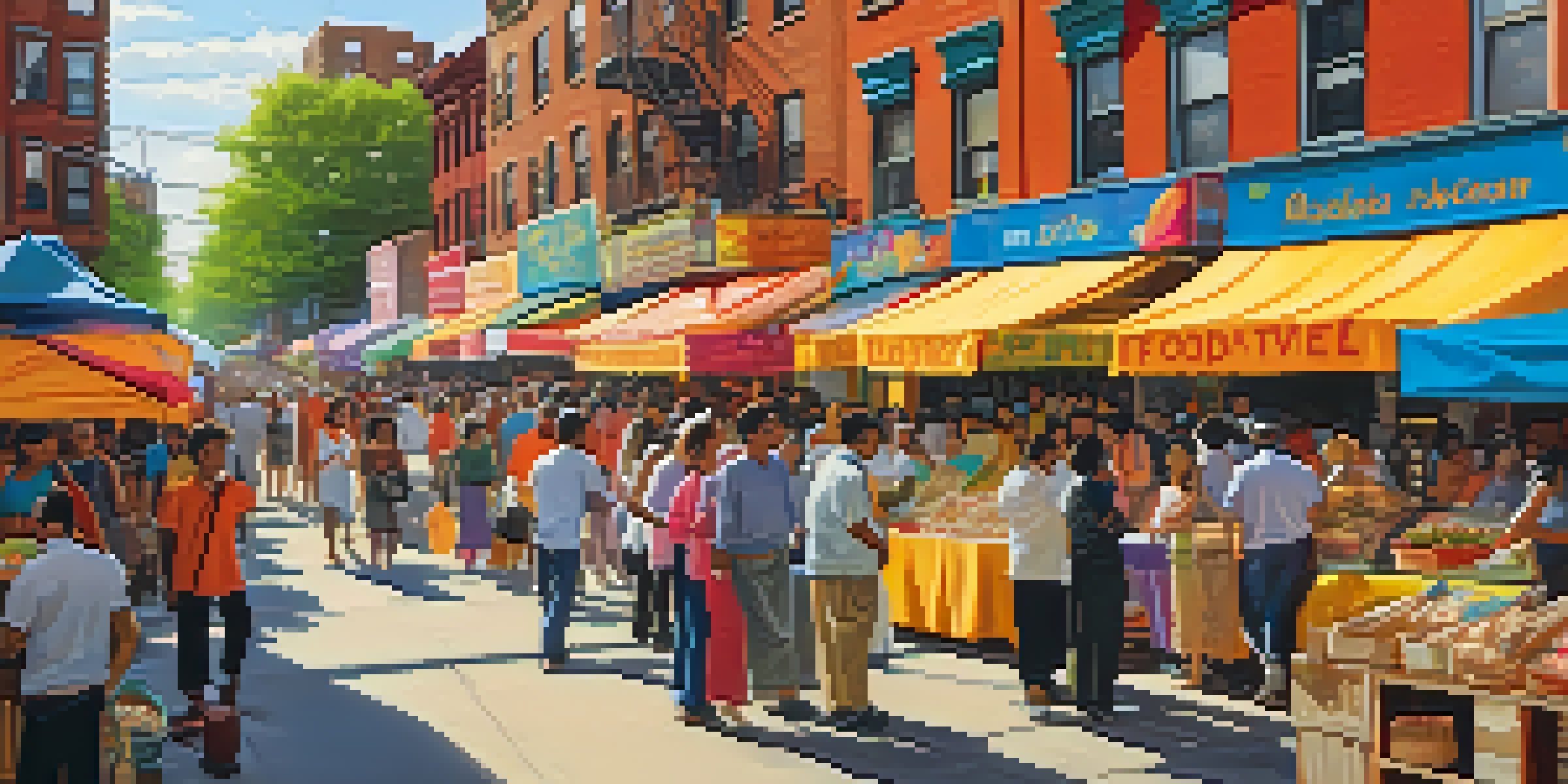 A lively street food festival in Jackson Heights, with vendors offering various cuisines and a diverse crowd enjoying the atmosphere.