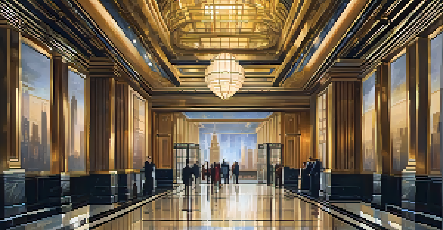 The grand lobby of the Empire State Building with a mural and ornate elevator doors.
