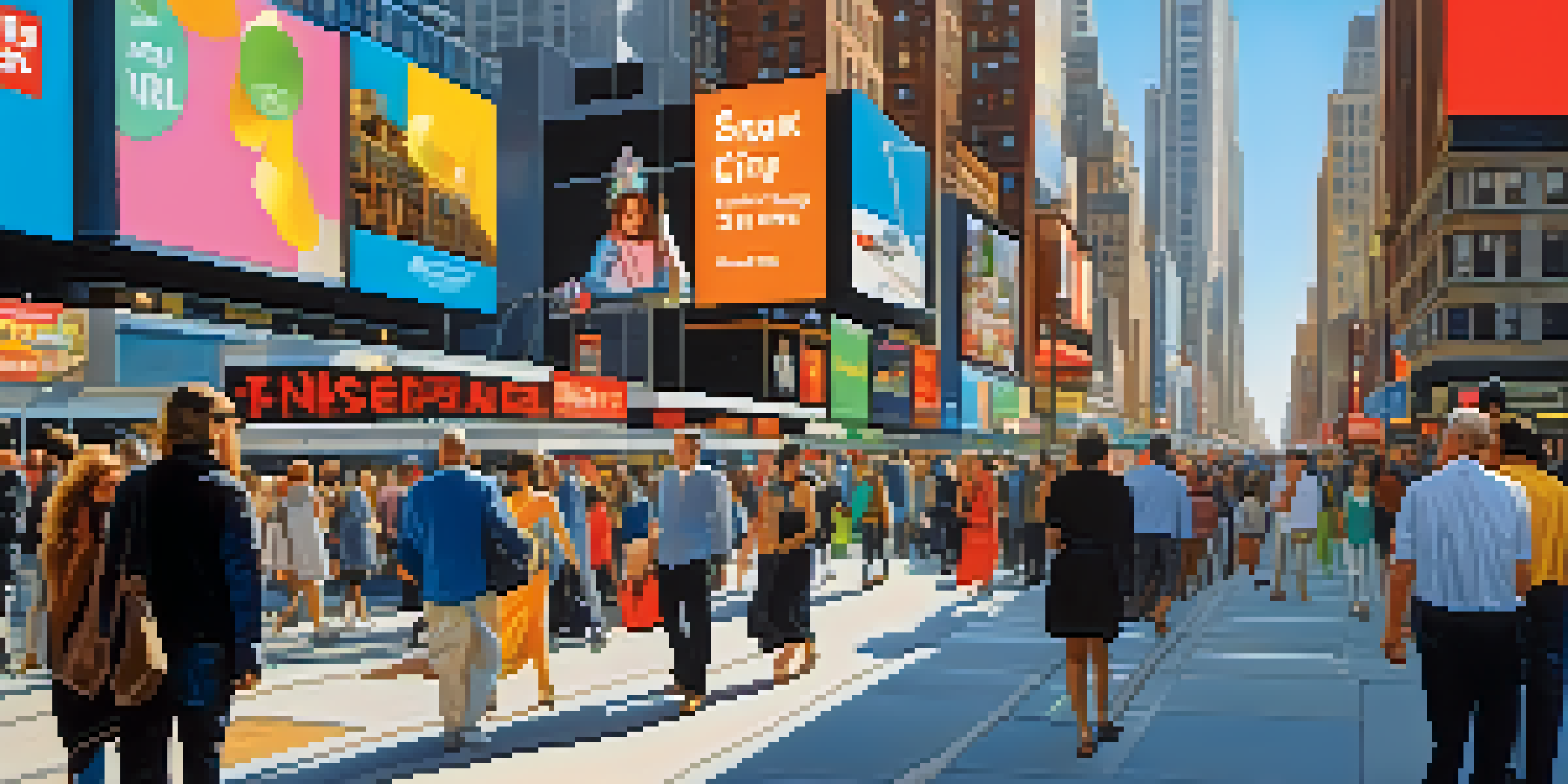 A busy New York City street with diverse pedestrians and bright digital advertisements on skyscrapers.