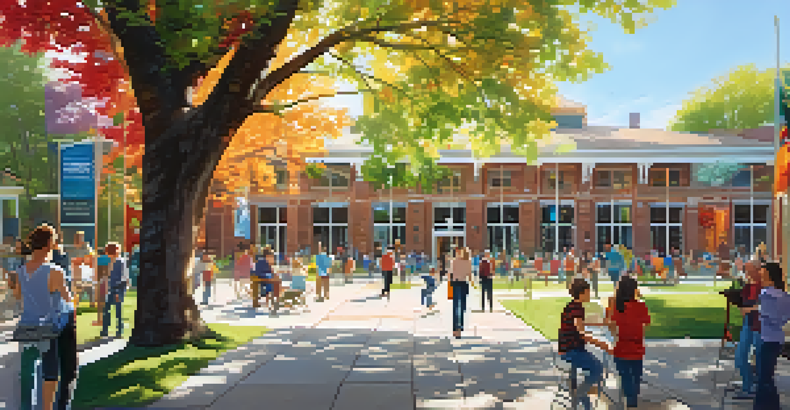 A community center in a transformed historical building, bustling with people and decorated with colorful banners under bright sunlight.