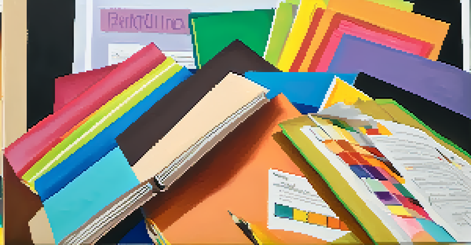 A teacher's hands holding colorful portfolios filled with student work against a bulletin board backdrop.