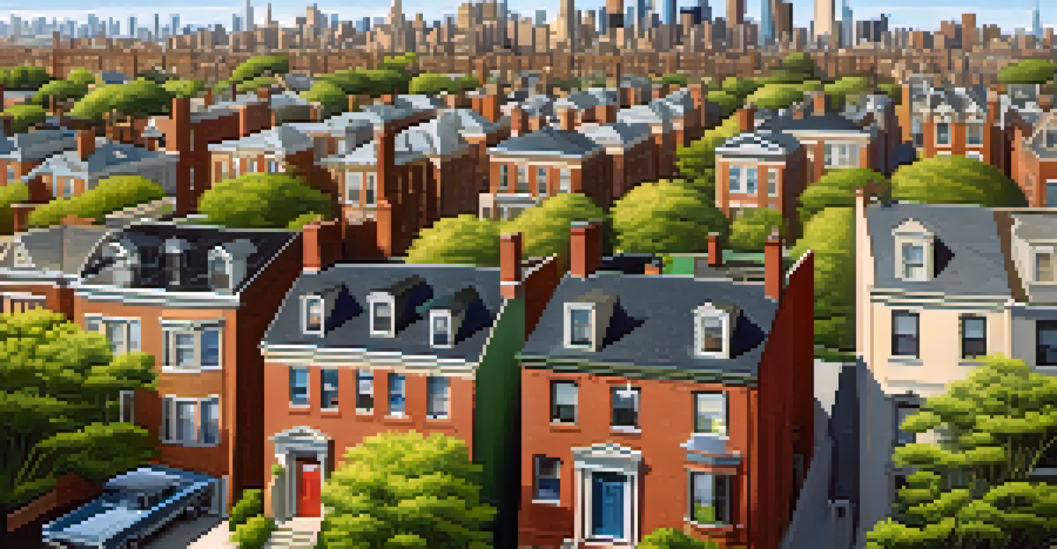 An aerial perspective of Brooklyn's residential area with a mix of homes and parks, with the Manhattan skyline in the background.