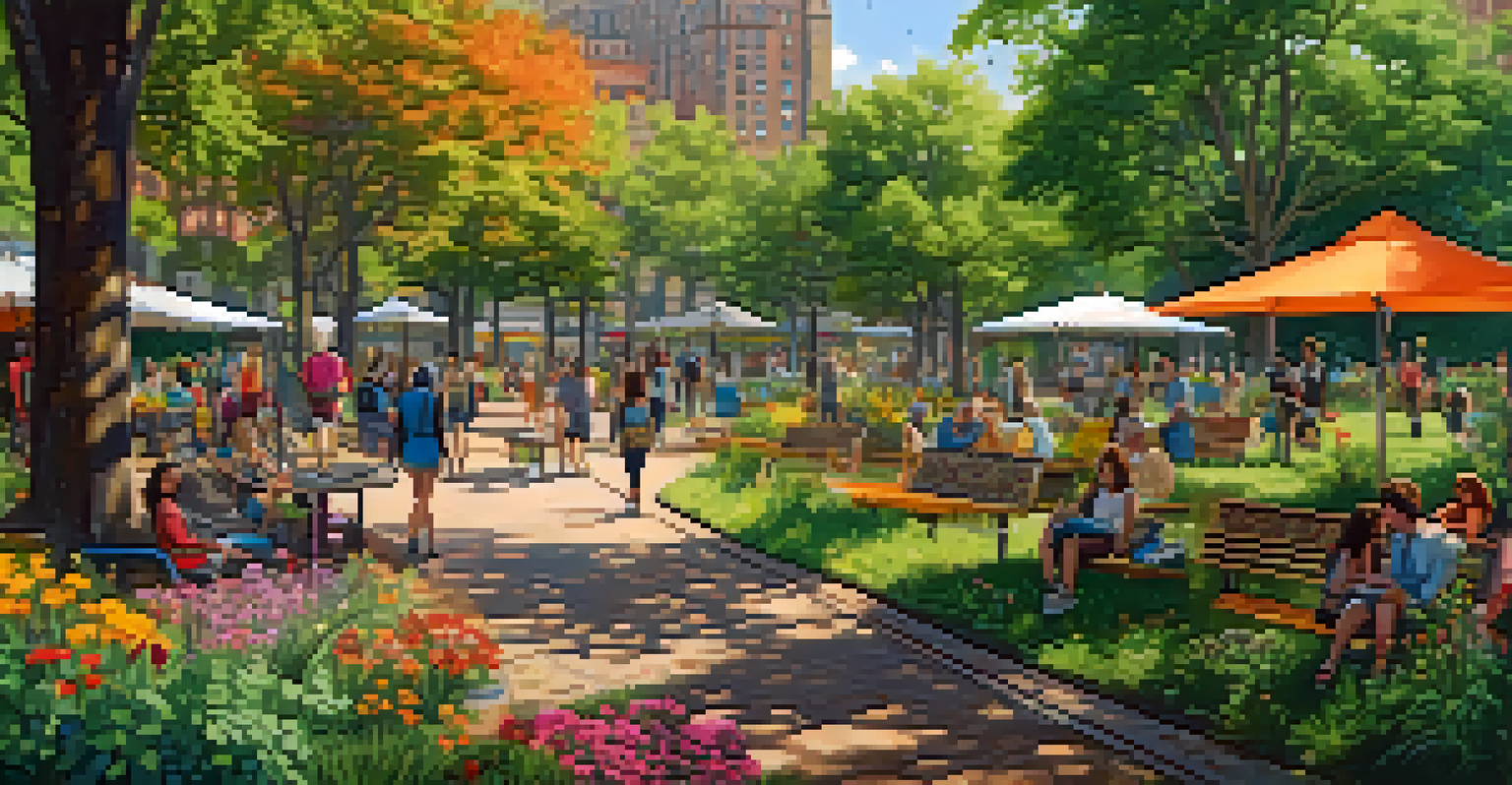 A lively urban park made from a former railway, filled with greenery, people enjoying the space, and colorful flowers.