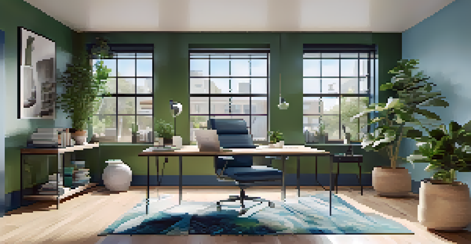 A modern home office in an apartment with natural light, plants, and a stylish desk.