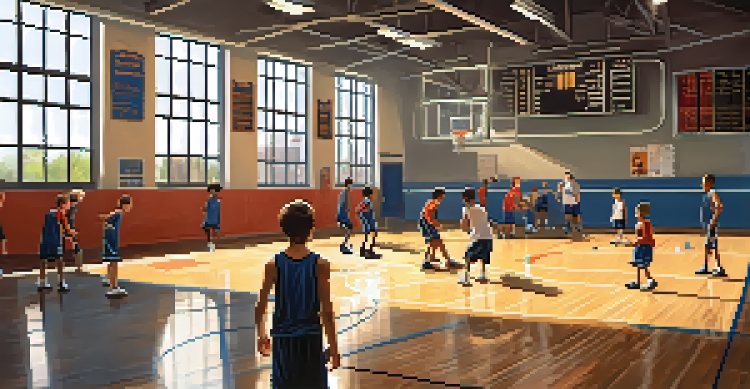 Young athletes practicing basketball in an urban gym with a coach guiding them.