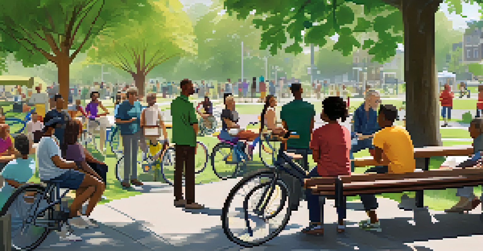 A community meeting in a park with residents discussing bike share accessibility, surrounded by greenery and informational posters.