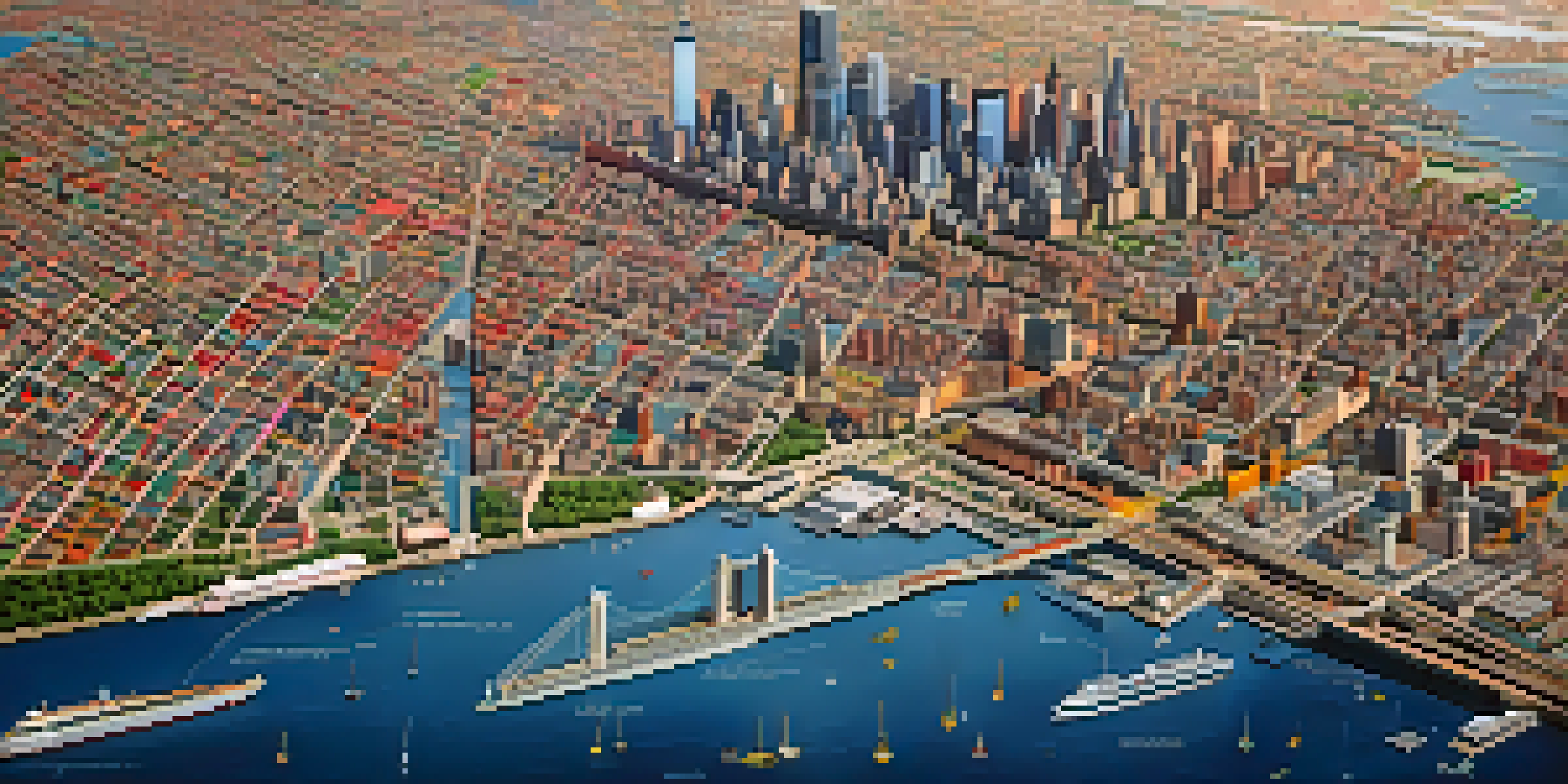 An aerial view of New York City's zoning map with colorful zoning districts and icons for different land uses in the background of a skyline.