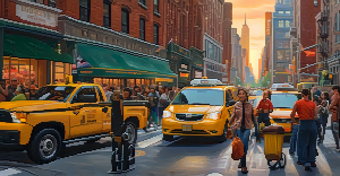 A busy street in New York City with a delivery cyclist and a rideshare driver, surrounded by pedestrians and tall buildings at sunset.