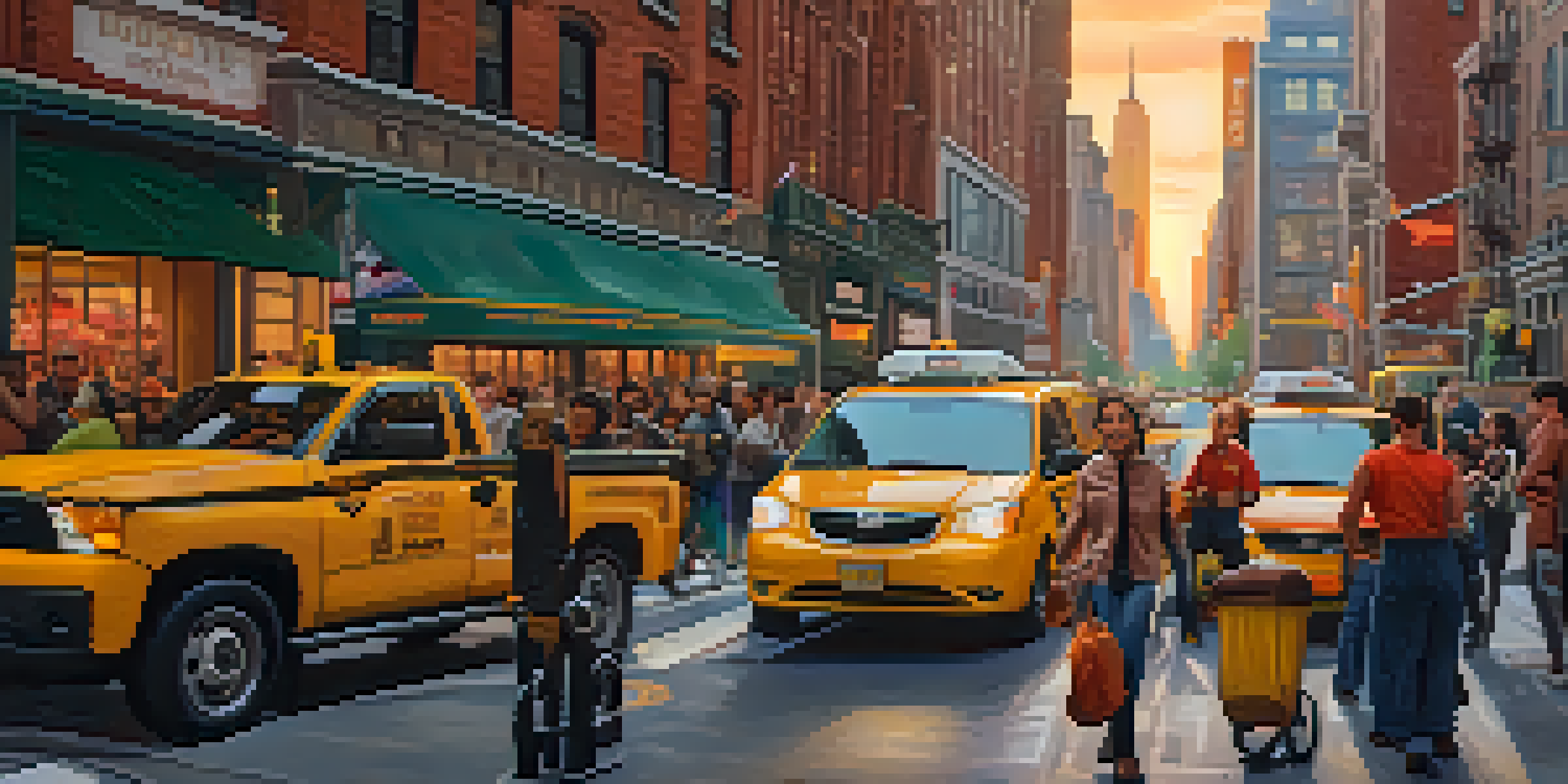 A busy street in New York City with a delivery cyclist and a rideshare driver, surrounded by pedestrians and tall buildings at sunset.