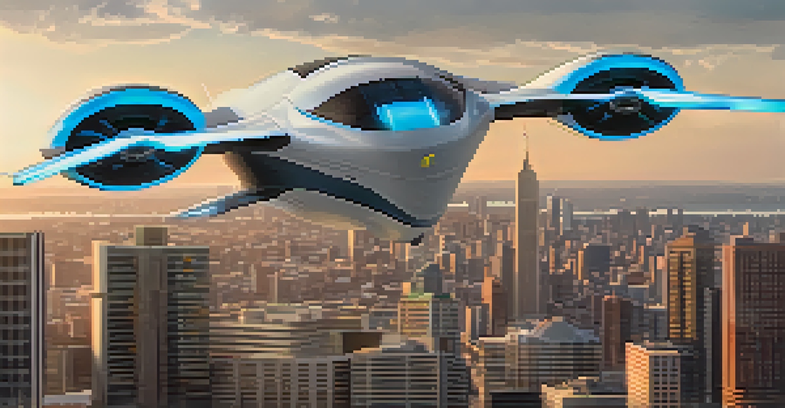 A close-up of an electric vertical takeoff and landing aircraft taking off from a rooftop in a city.