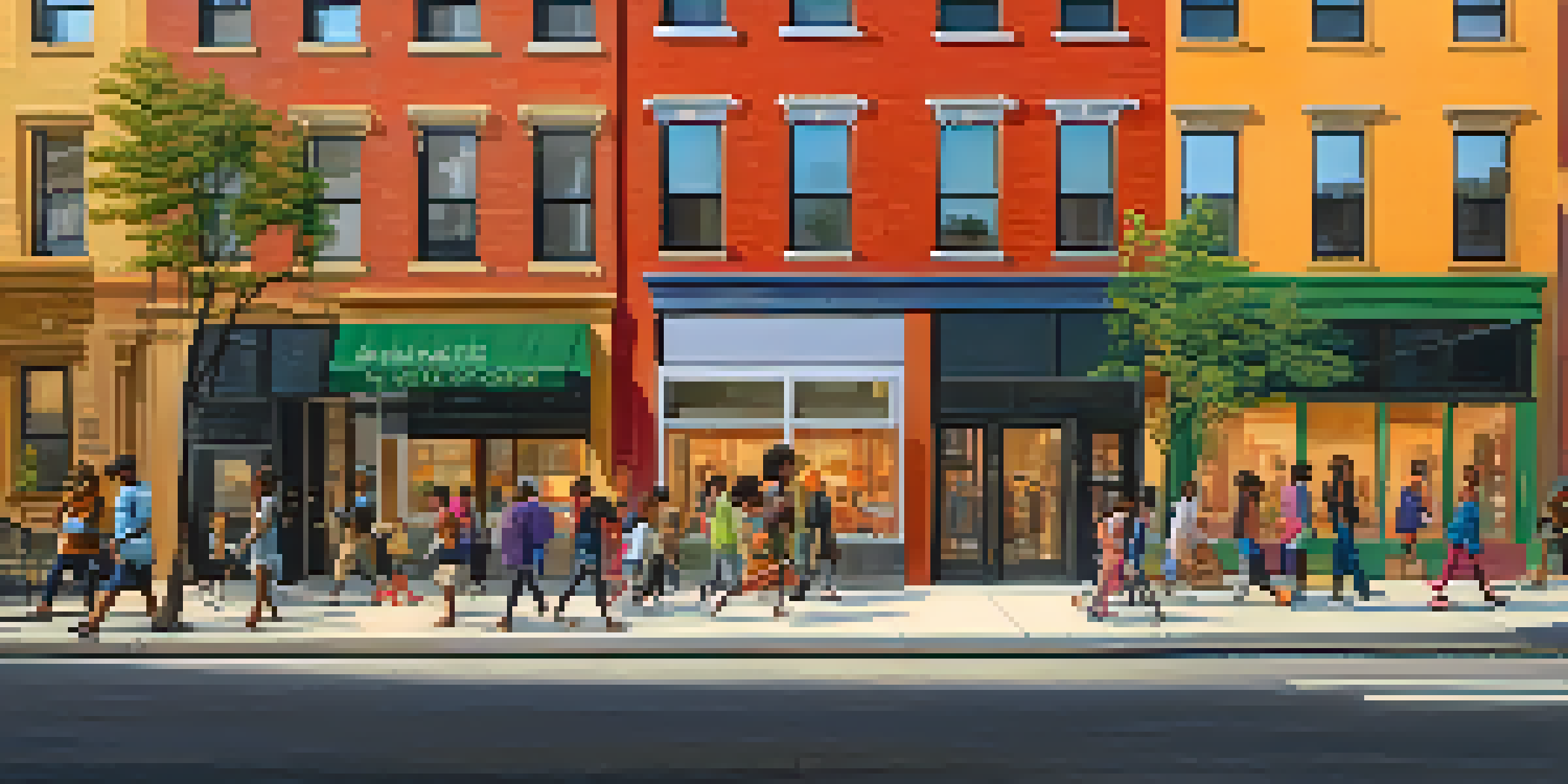 A lively New York City street with diverse residents and a new affordable housing building, illuminated by the warm light of the setting sun.