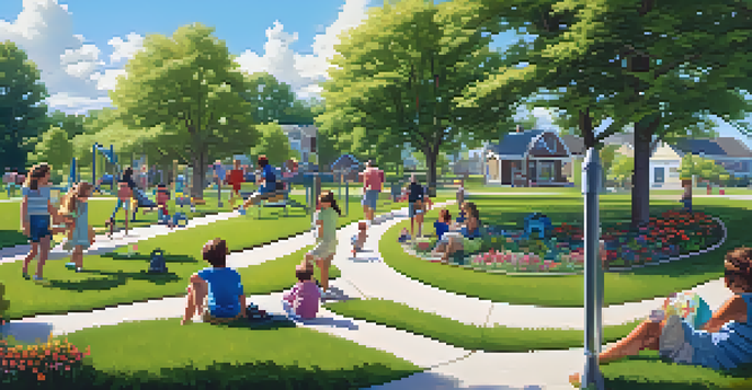 A sunny suburban park filled with families enjoying a picnic, children playing, and colorful flowers along a walking trail.