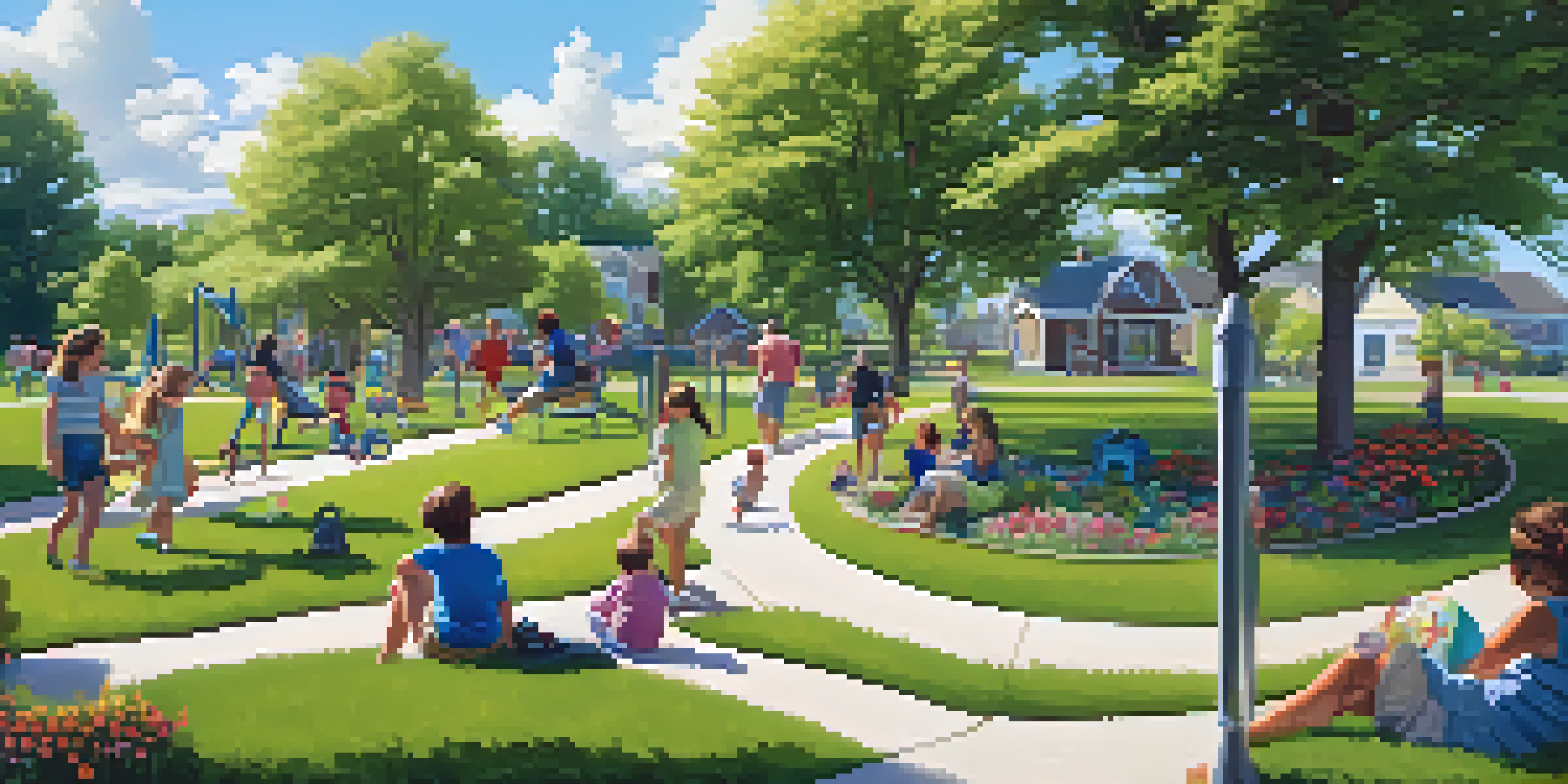 A sunny suburban park filled with families enjoying a picnic, children playing, and colorful flowers along a walking trail.