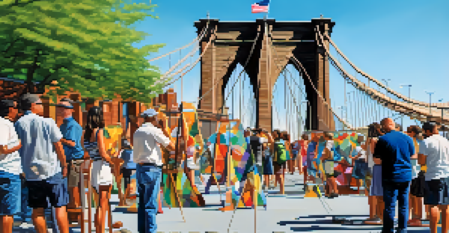 A public art installation along the Brooklyn waterfront showcasing colorful sculptures and murals, with people engaging and the Brooklyn Bridge in the background.