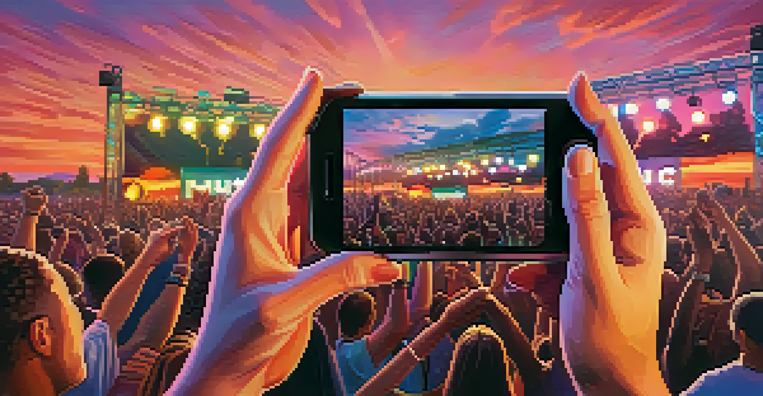 Close-up of hands holding a smartphone at a festival, with a joyful crowd dancing in the background under a colorful sunset sky.