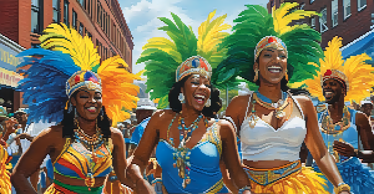 Participants in vibrant costumes at the West Indian American Day Carnival in Brooklyn, dancing and celebrating with a lively atmosphere.